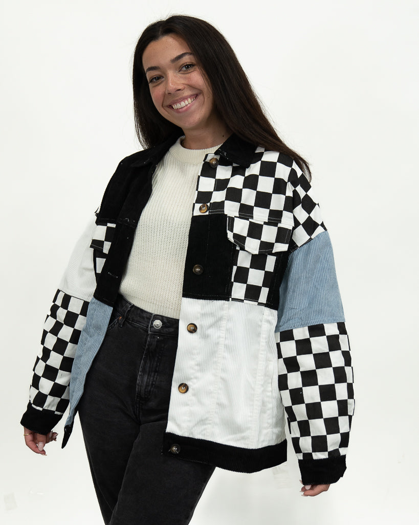 Oversized Checkered Denim Hooded Jacket – Around The Track Apparel
